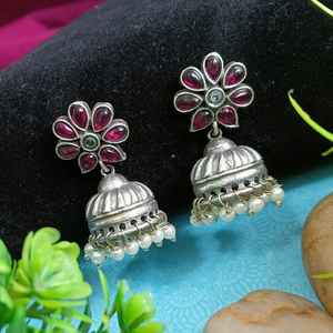 Indian Oxidized Floral Crystal Faux Pearl Dangle Jhumka Wedding Bridal <b>Earrings</b> Set Indain Wholesaler Jewelry for Women - Product Image 2