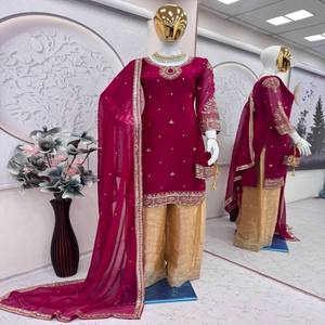 VASTRA COTTAGE Heavy Faux Georgette Embroidered <b>Top</b> Plazo Dupatta <b>with</b> <b>Sequins</b> Work Stitched Party Wear Ethnic Suit for <b>Women</b> - Product Image 1