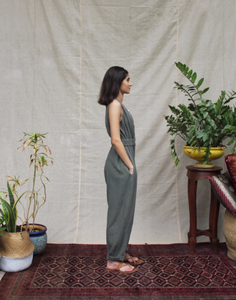 100% lin femmes col haut boutonné combinaison longueur de plancher couleur unie avec poche mignon Style européen modèle ordre requis - Product Image 2