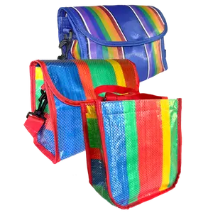 タイのユニークなバッグデザインカラフルなキャンバスバッグ複雑に織られたレインボープラスチックストリップ。