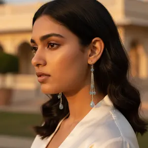 Boucles d'oreilles pendantes en argent 925 de style vintage, pierre précieuse bleue, motif goutte d'eau, diamant poire, tendance principale pour mariage, fête, chrétien - Product Image 2