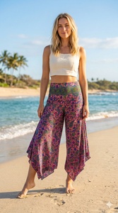 Comfortable High Waist Flat Front Bohemian 100% <b>Silk</b> Loose Fit Casual <b>Pants</b> Women Elastic Waist Full Length Women's <b>Pants</b> - Product Image 3
