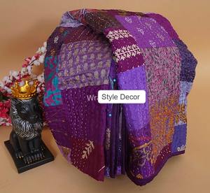 Handmade Bohemian <b>Patchwork</b> Kantha Quilt Vintage Indian Cotton Sari Bedspread, King/Twin Size Throw, Hippie <b>Bedding</b>, Home Decor - Product Image 3