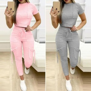 Nueva ropa deportiva para mujer, conjunto a juego con cordón de bolsillo, ajustado Multicolor Top corto, pantalones de tubo, traje de mujer, ropa de descanso de verano, trajes - Product Image 2