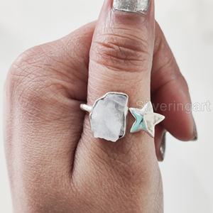 Bijoux en pierre brute bague pour femme pierre de lune arc-en-ciel naturelle pierre précieuse juin pierre de naissance étoile bague réglable bague en argent Sterling 925 - Product Image 2
