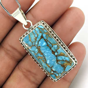 Pendentif pour femme en turquoise cuivre bleu naturel, pierre précieuse, mariage, fait main, bijoux bohèmes en argent sterling 925 massif - Product Image 3