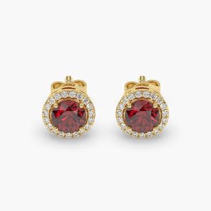 Boucles d'oreilles rondes en pierres précieuses rouge rubis Halo Zircon Cluster Boucles d'oreilles en argent sterling 925 plaqué or 14 carats Cadeau parfait pour elle - Product Image 1