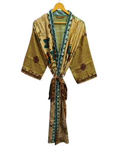 Ropa de verano Albornoz Seda Sari Kimono Vintage Sari Robe Suave Playa Fiesta Vestido Indio Hecho a mano Seda Kimono - Product Image 3