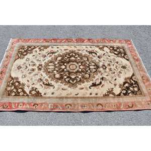 Traditional Beige <b>Brown</b> <b>Wool</b> Rug 3.9 X 6.6 ft Handmade Classic Turkish Patchwork Design Rectangle Hallway Latex for Bedside 4m - Product Image 3