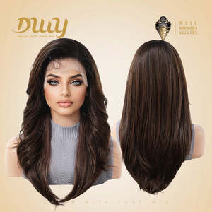 Tilly-DWY 13x6 Filter Lace Front <b>Wig</b> Free Part Medium-Length Wavy Layered Long Curly Wavy Brown <b>Black</b> Dark Roots Transparent - Product Image 4