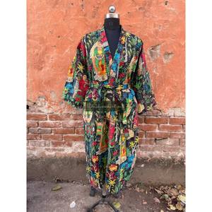 ชุดคลุมอาบน้ำสำหรับทั้งชายและหญิงผ้าคอตตอนลาย Kantha kimono ชุดนอนของผู้หญิงชุด Maxi Quilted ปกเข็มขัดกิโมโนขนาดใหญ่พิเศษ - Product Image 4