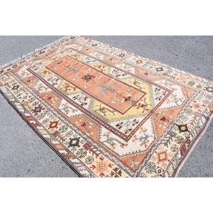 Vintage 6.2x9.7 ft Rug, Large Turkish Rug, <b>Brown</b> Red Ikat <b>Wool</b> Rug - Product Image 2