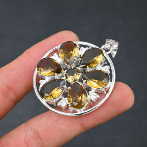 Colgante de piedras preciosas de cuarzo de cerveza creado en laboratorio hecho a mano, joyería de diseñador chapada en plata 925, regalo de moda único para su Día Especial - Product Image 4