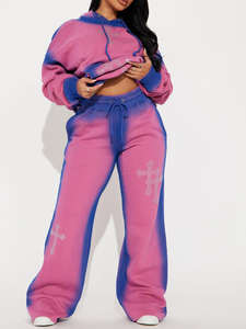 Ropa deportiva informal para mujer, Conjunto de sudadera con capucha, 100% de algodón, estilo holgado, con diamantes de imitación, lavado, cuello redondo, conjunto de manga larga - Product Image 6