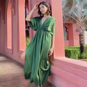 2024 nueva llegada verano elegante Color sólido media manga cuello en V de talla grande vestido largo Maxi - Product Image 1