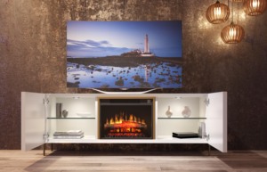 Luxury MDF Lacquered <b>TV</b> Stand 220cm with Electrical Fireplace Doors Glass <b>Shelf</b> Handcrafted Spain - Product Image 3