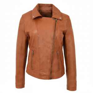 Chaqueta Bomber de Cuero Genuino Color Bronceado para Mujer, Cierre Asimétrico, Forro de Algodón Ecológico, Prenda Exterior Suave para Invierno - Product Image 5