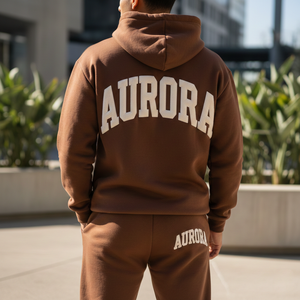 Custom Heavyweight Cotton Fleece Acid Wash Solid Tracksuit Men 3D for Logo Mocha <b>Brown</b> Hoodie Sweatpants Set Wholesale - Product Image 5
