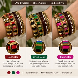 Ethnic Gold Plated Alloy Bangles Women's Geometric Patterned Stackable <b>Bracelets</b> with Colorful Inlay Design - Product Image 3