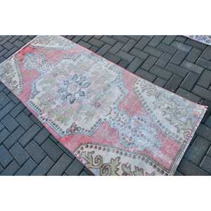Vintage Rug 2.9x6.8 ft, <b>Red</b> Blue Bordered <b>Wool</b> Turkish Rug - Product Image 4