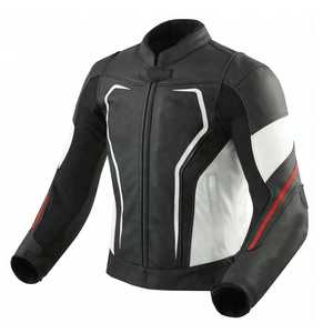 Men's Fashion Black/White Genuine Leather Racing Motorbike Jacket With Red Lines CE Armours Protection Motorcycle Jacket For Men - Product Image 3