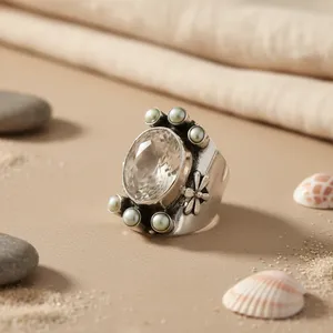 Bague de cocktail Art Palace Boho Flower avec perles de cristal d'eau douce en argent 925 pour femmes, à porter au quotidien, pour les mariages et les fêtes - Product Image 1