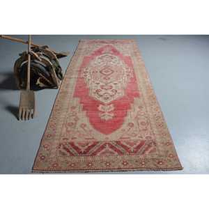 Vintage Large Rug 4.3x10.3 ft (130x314 cm), Turkish <b>Red</b> Abstract <b>Wool</b> Rug - Product Image 1