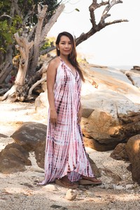 Maxi <b>Dress</b> Beach <b>Kaftan</b> V-neck Long Sleeve A-Line Formal Tye-Die Black Soft Cotton for Women - Product Image 2