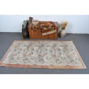 3.6x6.7 ft Vintage Area Rug, <b>Brown</b> White Turkish Floral <b>Wool</b> Rug - Product Image 2