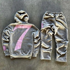 ชุดวอร์มผู้ชายแบบมีซิปเต็มตัว แต่งลายปะติด น้ำหนักเบา สไตล์ดิสเทรส ทรงขาบาน ยูนิเซ็กซ์  ผ้าฟอกสีเอซิด พร้อมกางเกงวอร์มและเสื้อฮู้ด - Product Image 2