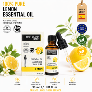Huile essentielle de citron en marque privée, 100% pure, 30 ml, OEM |   Huile astringente antioxydante pour peaux grasses |   Végétalien Biologique Espagne UE - Product Image 1