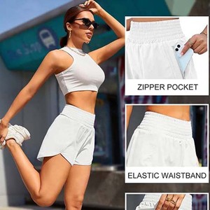 Women's High Quality Breathable Quick Dry Summer <b>Shorts</b> Custom Solid Color Zipper Pocket <b>Elastic</b> <b>Waist</b> Sports Gym Fitness - Product Image 4