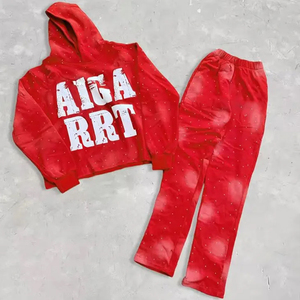 Conjunto de Sudadera y Pantalones Deportivos con Estampado Completo, Hombros Caídos, Estilo Holgado, Degradado, Pedrería, 100% Algodón, Ropa Urbana de Otoño - Product Image 3