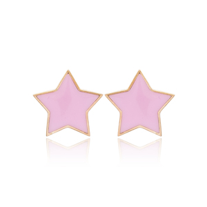 Boucles d'oreilles étoiles en émail rose, fabrication artisanale turque, plaqué or, argent sterling 925, zircon, bijoux fins pour femmes, tendance - Product Image 1