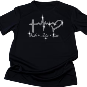 Reklo Industries Men T-Shirt Faith Hope Love Rhinestone Cross Heart Graphic Tee Christian Bling <b>Top</b> Cotton O-Neck Regular Fit - Product Image 5