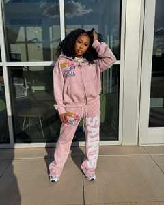 New Street Wear Parche personalizado Bordado Lavado Recortado Gran tamaño Desgastado Zip up Hoodie Set Joggers Mujer - Product Image 4