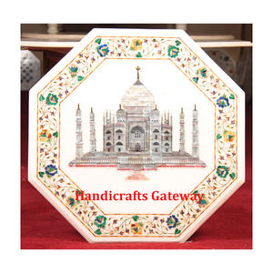 Marbre de pierre blanche indien fait à la main avec tajmahal blanc et conception de fleur incrustation de nacre forme octogonale dessus de table à manger - Product Image 1