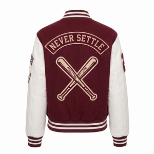 Custom Logo Women Cropped Bomber Varsity <b>Jacket</b> Cropped <b>Burgundy</b> White Wool <b>Leather</b> Sleeve Chenille Crossed Baseball Bats Patch - Product Image 2