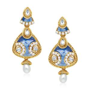 Kriaa-Pendientes colgantes chapados en oro azul Kundan, juego de diamantes, Pendientes colgantes de aro geométricos para regalo de fiesta de boda-1304526 - Product Image 1