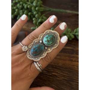 Bague ajustable style bohème, faite main Navajo, en argent sterling avec incrustation de pierre taillée en turquoise Thunder Mountain, pour usage quotidien - Product Image 2