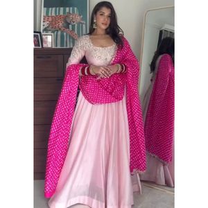 Fully Stitched Natural Crepe Silk Gown Set Stretchable Elastic Waist Pant Faux Georgette Dupatta Ethnic Suit - Product Image 1