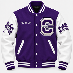 Veste de baseball personnalisée en laine violette et cuir blanc avec broderie de lettres - Product Image 3
