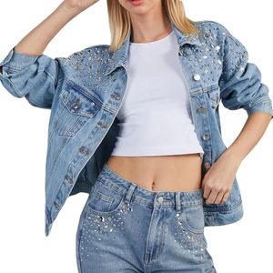 Good Quality Women's <b>Rhinestone</b> Denim <b>Jacket</b> Casual Long Sleeve Jeans Trucker <b>Jacket</b> Coat Denim <b>Jacket</b> Factory Made Customer - Product Image 1