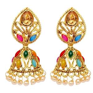 Kriaa 1309809 estilo bohemio chapado en oro Kundan Navrang Jhumki pendientes circón piedra principal para novia latón fino regalo perfecto - Product Image 1