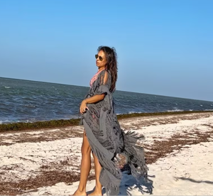 Maxi Cover Boho Beach Kimono Wrap V-Neck Striped Plaid Pattern Kaftan Outfit Frayed Beach Dress with Letter Design Cover Dress - Product Image 1