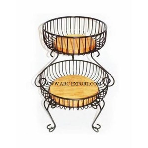 2 Tier Black Polished Solid Iron and <b>Wood</b> Handmade Fancy Fruit and Vegetable <b>Basket</b> High Quality Top Sale Kitchen Ware <b>Basket</b> - Product Image 1