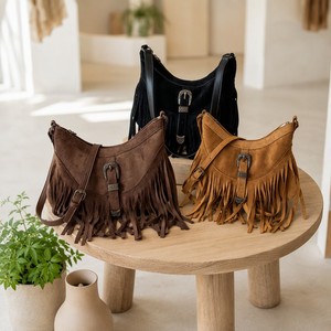 Sac à bandoulière vintage bohème à franges pour femme, sac hobo en daim PU avec pompon et boucle sculptée, sac fourre-tout décontracté - Product Image 3