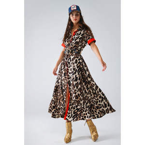 Vestido Casual Maxi con Estampado de Leopardo, Detalles Rojos, Cierre de Botones, Cintura Imperio, Decoración Hueca, Talla XL, para Ocasiones Diurnas, Temporada de Primavera - Product Image 4