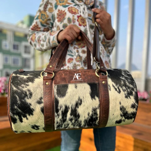 ใหม่ตะวันตกทําด้วยมือวินเทจสไตล์Toolledขนสัตว์หนังส่วนบุคคลDuffelกระเป๋าUnisex Cowhideขนสัตว์หนังกระเป๋าเดินทางขนาดใหญ่ - Product Image 1