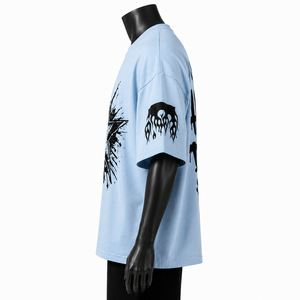 เสื้อยืดโอเวอร์ไซส์สีฟ้าอ่อนสำหรับผู้ชาย แขนสั้น คอกลม สไตล์สตรีท ผ้าคอตตอนเจอร์ซีย์ พิมพ์ลายกราฟิก - Product Image 4